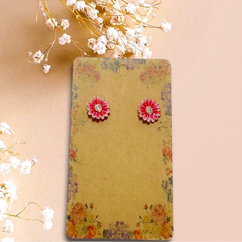 PINK DAISY EARRINGS W/CZ CENTER! SILVER ROSE GOLD PLATED, .925 STAMPED! - Picture 7 of 13